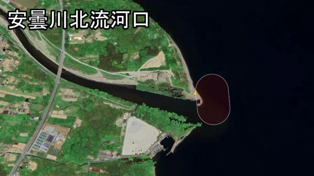 琵琶湖の安曇川北流河口のバス釣りのポイントの空撮
