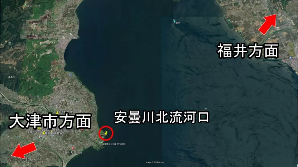 琵琶湖の安曇川北流河口のバス釣りのポイントの位置