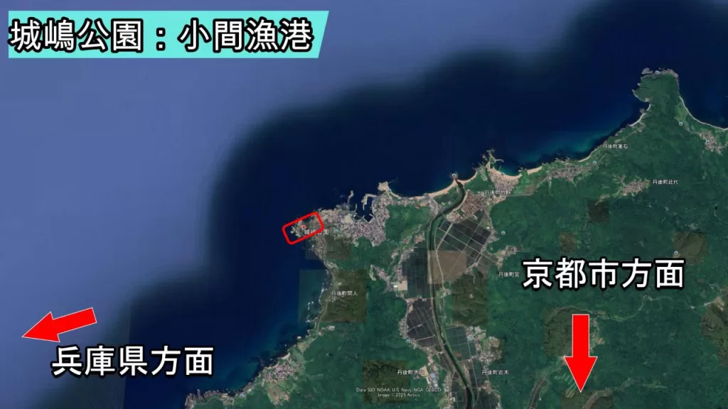 小間漁港の釣りのポイントの空撮の地図