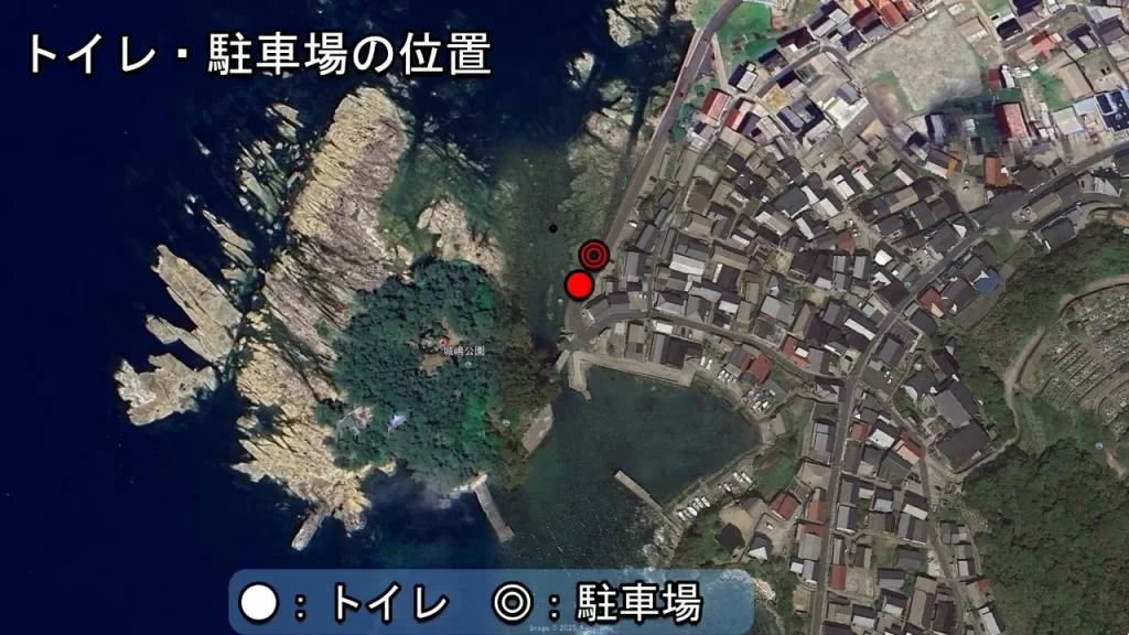 小間漁港のトイレと駐車場の地図